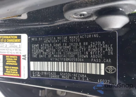 2021 Toyota Avalon Xle z USA, uszkodzony, nr VIN 4T1AZ1FB8MU059364